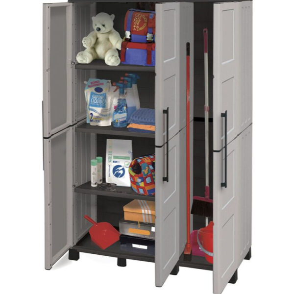 Armario alto con estantes y portaescobas línea family de polipropileno gris claro, 102 x 37 x 169 cm